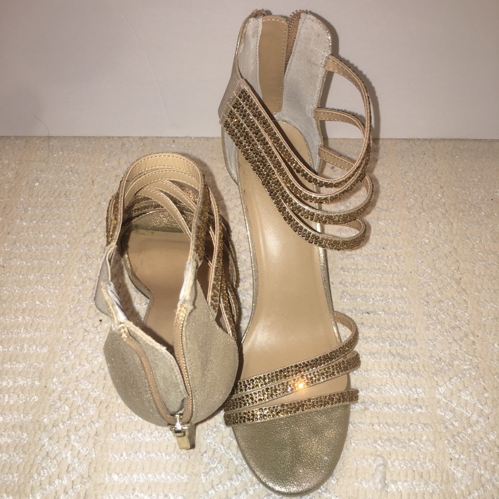 High heeled ankle strap gold embellished heels